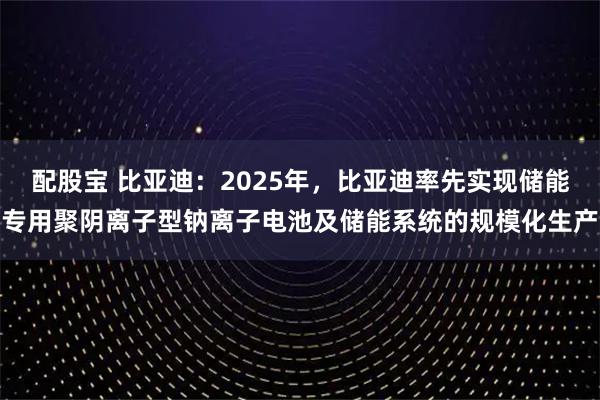 配股宝 比亚迪：2025年，比亚迪率先实现储能专用聚阴离子型钠离子电池及储能系统的规模化生产